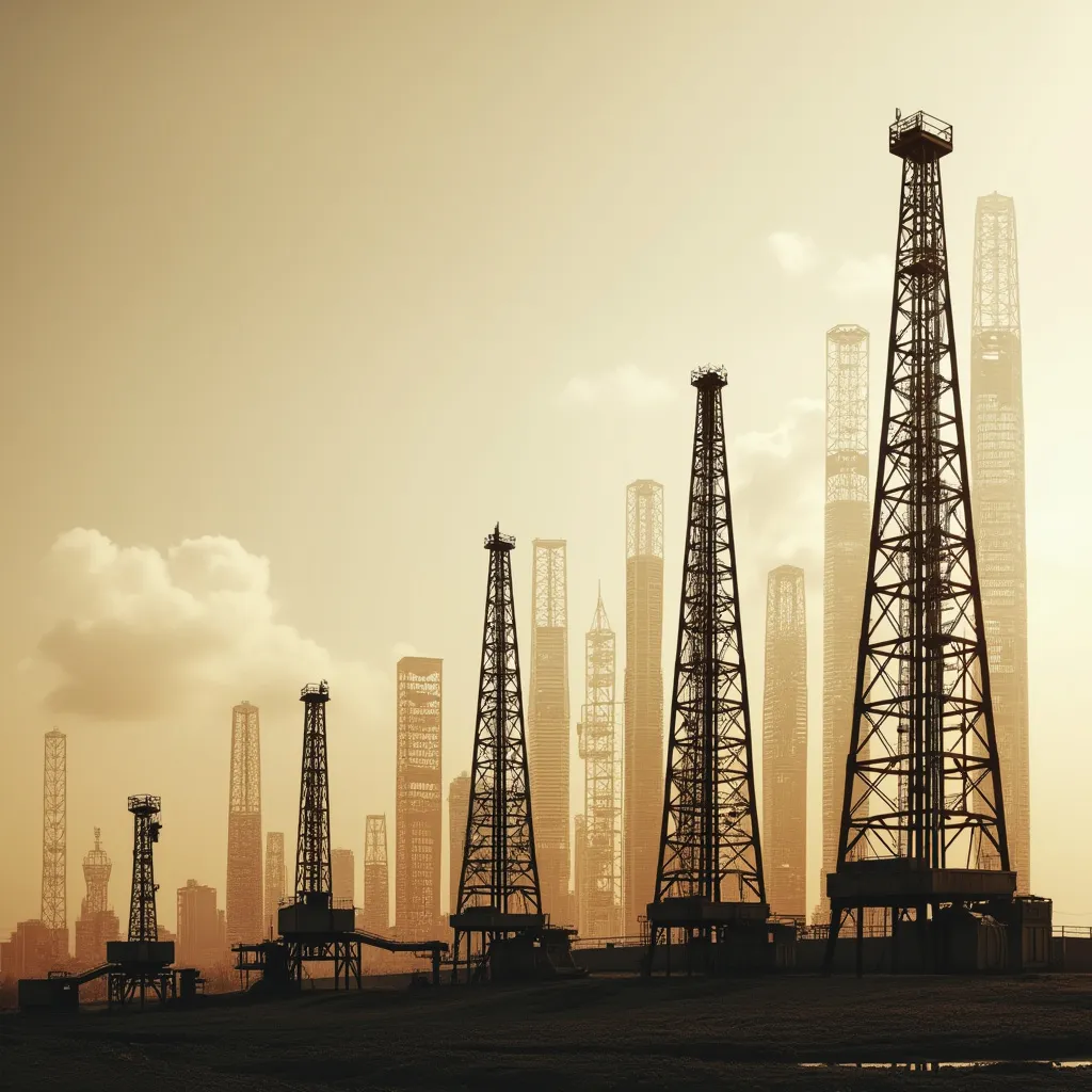 Collage de imágenes históricas de la industria petrolera y gráficos de crecimiento